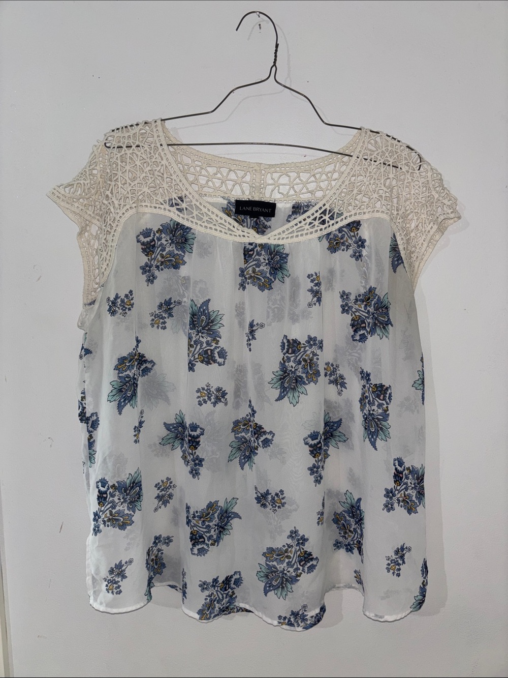 Lane Bryant Cream Crochet Yoke Blouse with Blue Floral Print